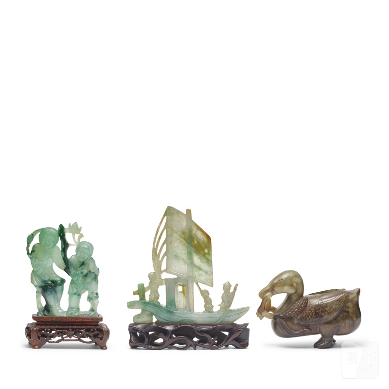 民國 翡翠雕擺件兩件 | TWO JADEITE AND ONE NECPHRITE CARVINGS